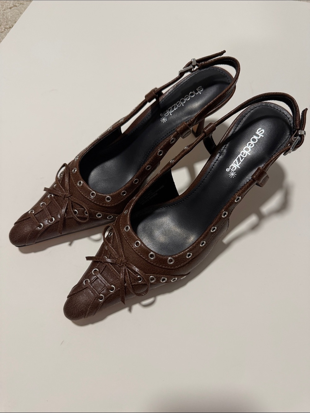Shoe Dazzle Dark Brown Lace-Up Slingback Pumps